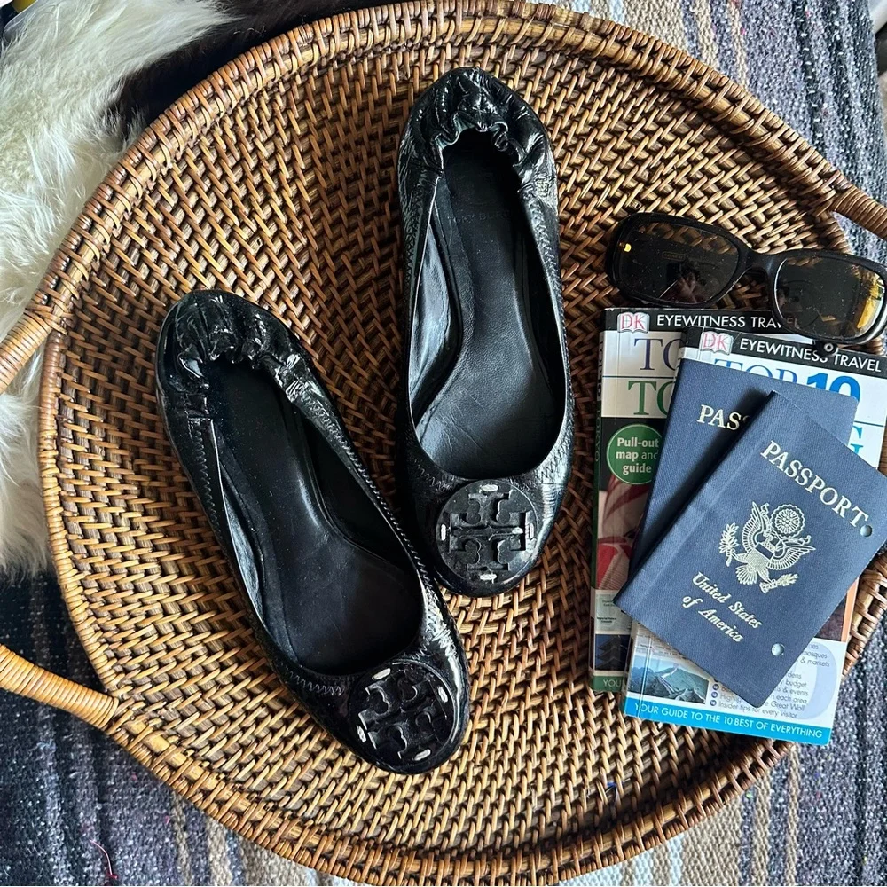 Tory Burch Black Leather Stitch Accent Ballet Patent Leather Flats Size 6.5